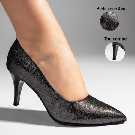 Pantofi cu toc subtire dama gri din Piele naturala MOD11003, 3, modlet.ro