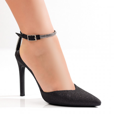 Pantofi Stiletto, Pantofi cu toc subtire si bareta pe glezna negri glitter MOD09398, modlet.ro