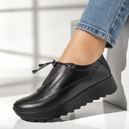 Pantofi casual dama, Pantofi dama casual cu siret elastic negri din Piele naturala ZEF00300, zeforia.ro