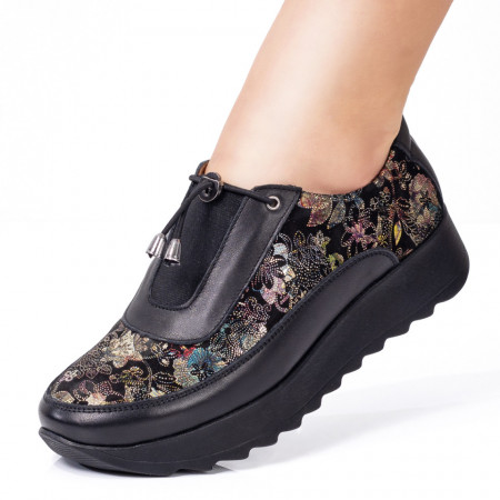 Pantofi dama casual cu siret elastic si imprimeu din Piele naturala negri ZEF00300, 2, zeforia.ro