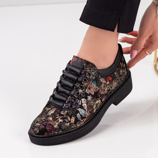 Pantofi dama casual negri cu model floral din Piele cu talpa groasa MDL03552