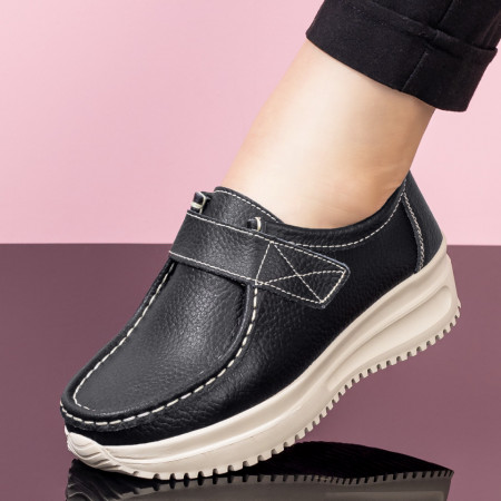 Pantofi dama casual negri cu platforma si inchidere cu scai din Piele MDL03868