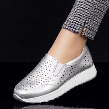 Pantofi casual dama, Pantofi dama casual perforati argintii din Piele naturala MOD08258, modlet.ro