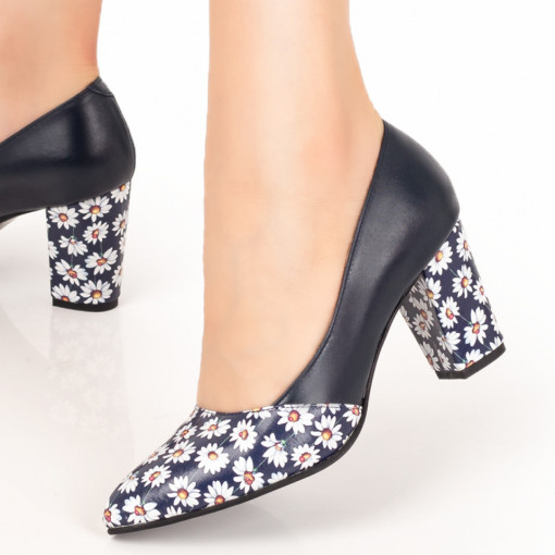 Pantofi cu toc, Pantofi dama cu toc albastri cu model floral din Piele naturala ZEF01491 - zeforia.ro