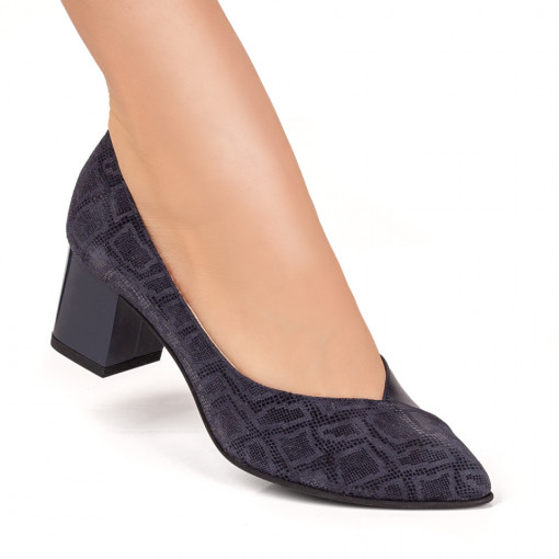 Pantofi dama, Pantofi dama cu toc gros albastri cu imprimeu din Piele naturala ZEF033890 - zeforia.ro