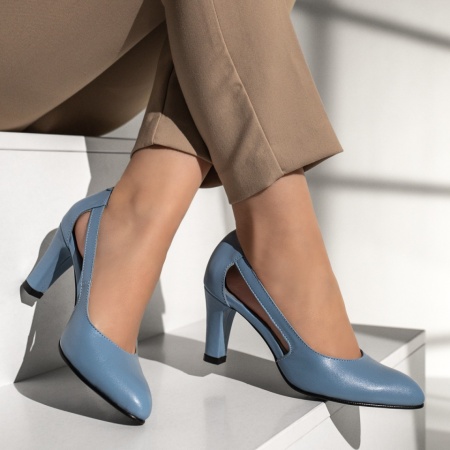 Pantofi dama cu toc gros albastri din Piele naturala MOD13129, 3, modlet.ro