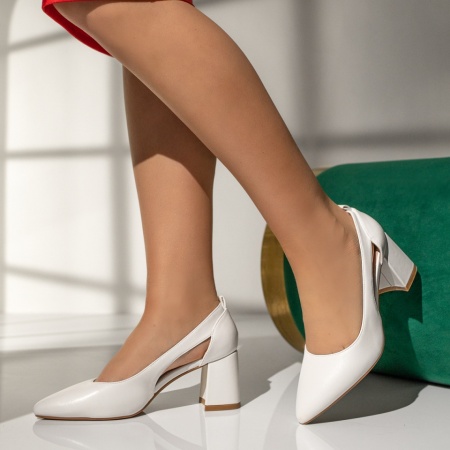 Pantofi dama, Pantofi dama cu toc gros albi MOD13703, modlet.ro
