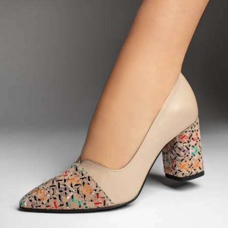 Pantofi dama, Pantofi dama cu toc gros bej cu print din Piele naturala MOD13133, modlet.ro