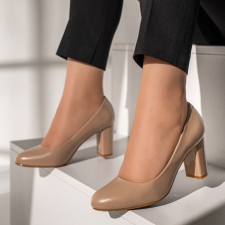 Pantofi cu toc gros dama, Pantofi dama cu toc gros bej MOD12111, modlet.ro