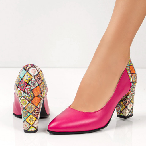 Pantofi cu toc gros dama, Pantofi dama cu toc gros eleganti roz din Piele naturala ZEF06142 - zeforia.ro