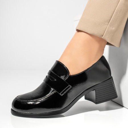 Pantofi dama, Pantofi dama cu toc gros negri cu aspect lacuit MOD13008, modlet.ro