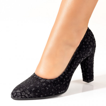 Pantofi cu toc gros dama, Pantofi dama cu toc gros negri suede din Piele naturala MOD10220, modlet.ro