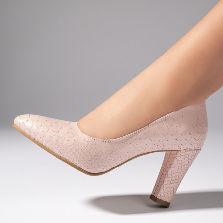 Pantofi cu toc, Pantofi dama cu toc gros roz cu imprimeu din Piele naturala ZEF10220 - zeforia.ro