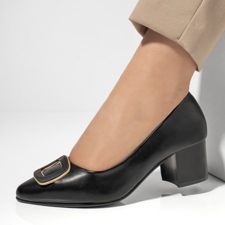 Pantofi dama, Pantofi dama cu toc gros si accesoriu decorativ negri MOD13004, modlet.ro
