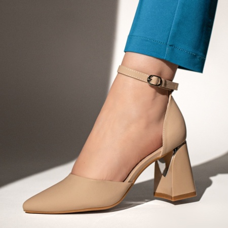 Pantofi dama, Pantofi dama cu toc gros si bareta bej cu aspect mat MOD13101, modlet.ro