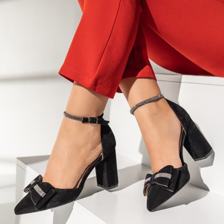 Pantofi dama cu toc gros si bareta negru suede LIA27, 3, modlet.ro