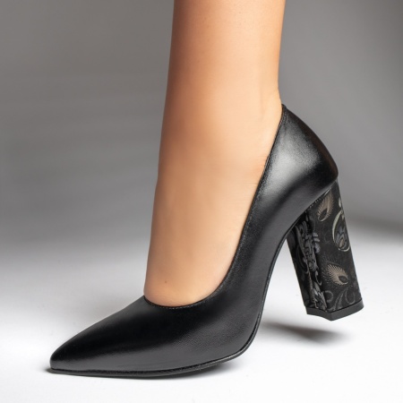 Pantofi dama, Pantofi dama cu toc gros si imprimeu negri din Piele naturala MOD12738, modlet.ro