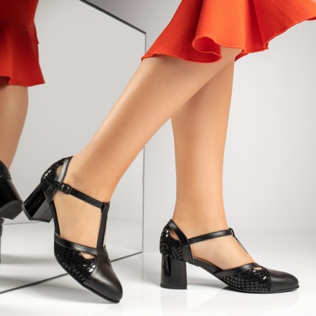 Pantofi dama cu toc gros si imprimeu negri din Piele naturala MOD13600, 3, modlet.ro