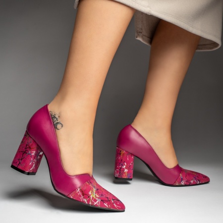 Pantofi dama cu toc gros si imprimeu roz din Piele naturala MOD13133, 3, modlet.ro