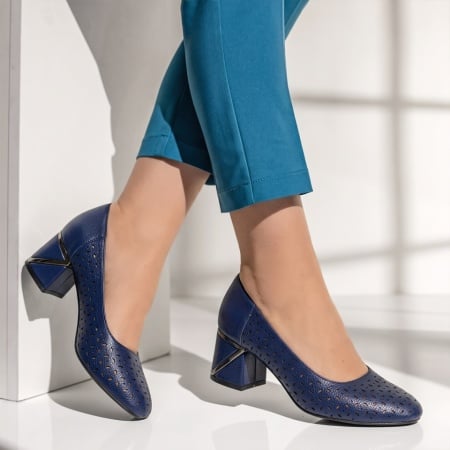Pantofi dama cu toc gros si perforatii albastru inchis INA25, 3, modlet.ro