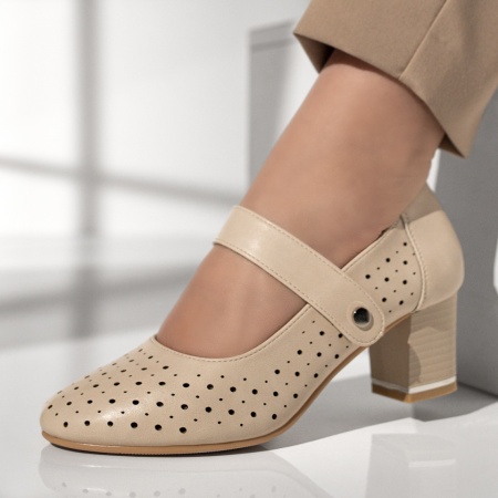 Pantofi cu toc gros dama, Pantofi dama cu toc gros si perforatii bej MOD11467, modlet.ro