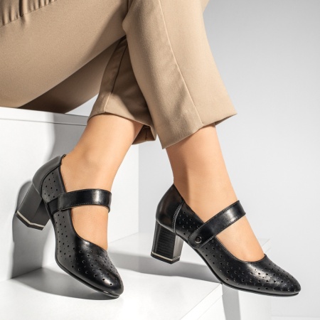 Pantofi dama cu toc gros si perforatii negri ANA74, 3, modlet.ro