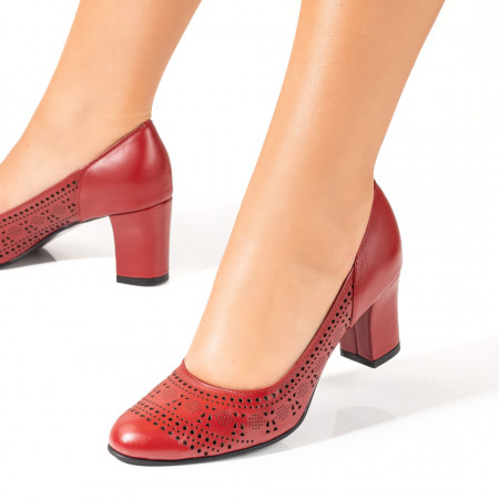 Reduceri incaltaminte dama, Pantofi dama cu toc gros si perforatii rosii din Piele naturala ZEF10239 - zeforia.ro