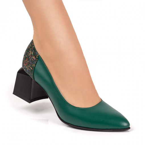 Pantofi cu toc, Pantofi dama cu toc gros verzi cu imprimeu floral din Piele naturala ZEF07646 - zeforia.ro