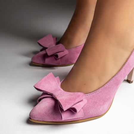 Pantofi dama cu toc si fundita roz suede din Piele naturala MOD12932, 2, modlet.ro