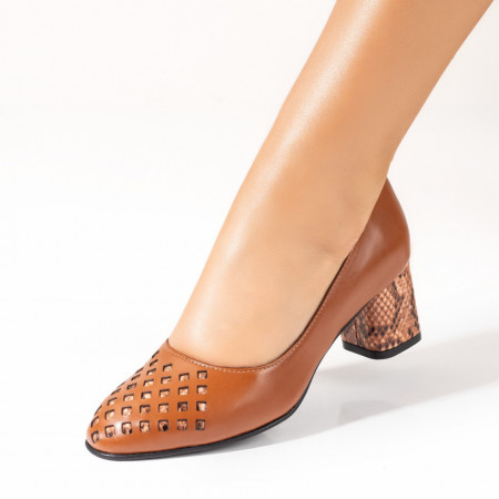 Pantofi cu toc, Pantofi dama cu toc si imprimeu maro din Piele naturala ZEF10237 - zeforia.ro