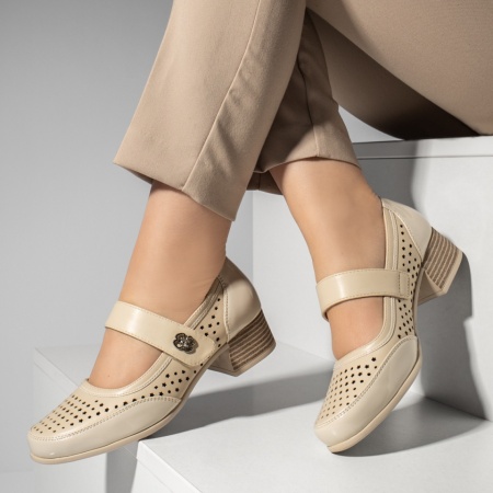 Pantofi dama cu toc si inchidere cu scai bej ZEF13255, 4, zeforia.ro
