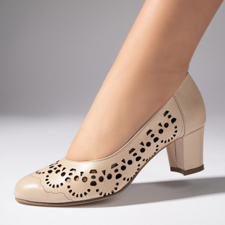 Pantofi dama, Pantofi dama cu toc si perforatii bej din Piele naturala MOD10235, modlet.ro