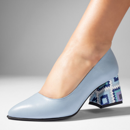 Pantofi cu toc, Pantofi dama cu toc si print albastri din Piele naturala ZEF09737 - zeforia.ro