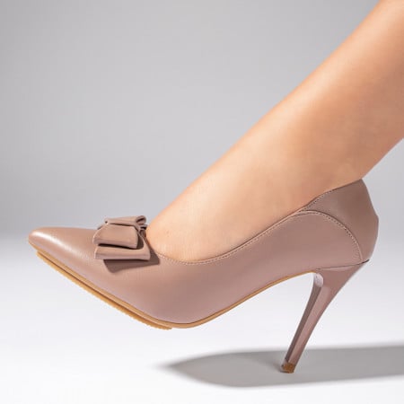 Pantofi dama cu toc subtire nude cu fundita ZEF10961, 4, zeforia.ro