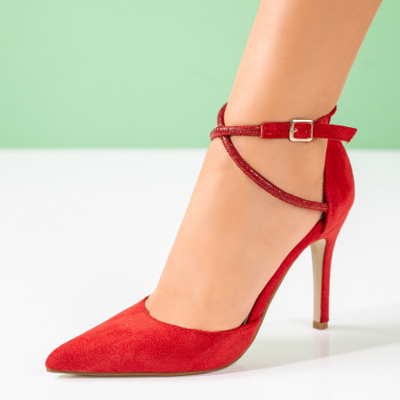 Plateste Jumatate!, Pantofi dama cu toc subtire si bareta cu strasuri rosii suede MOD09038, modlet.ro