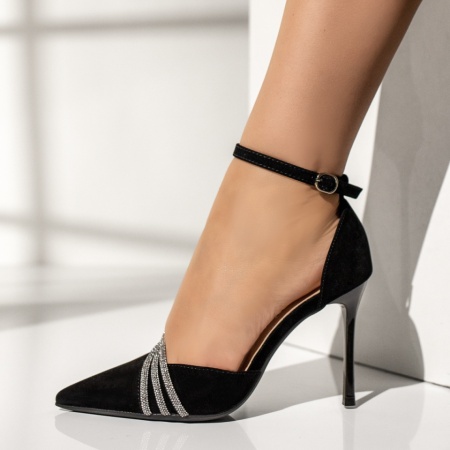 Pantofi dama cu toc subtire si bareta negru suede MOD09997