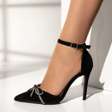 Pantofi dama cu toc subtire si fundita negru suede MOD13916