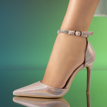 Pantofi dama cu toc subtire si strasuri roz cu reflexii MOD13915
