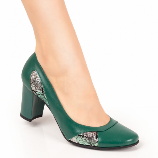 Pantofi dama, Pantofi dama cu toc verzi cu print din Piele naturala MOD06139, modlet.ro