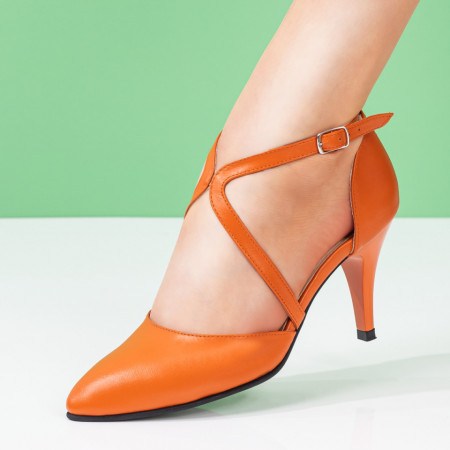 Pantofi dama, Pantofi dama portocalii cu toc si barete din Piele naturala ZEF08079 - zeforia.ro