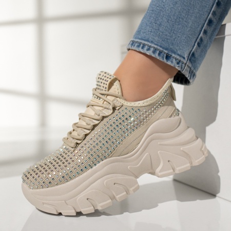 Adidasi dama, Pantofi dama sport cu pietre aplicate si talpa groasa bej MOD12972, modlet.ro
