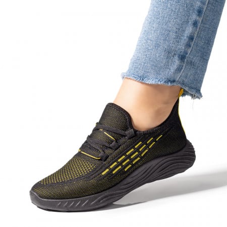 Pantofi dama sport din material textil negru cu galben MOD03784