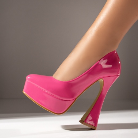 Pantofi cu toc si platforma dama, Pantofi roz cu toc si platforma dama cu aspect lucios ZEF06616 - zeforia.ro