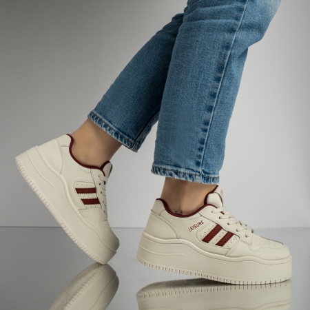 Adidasi dama, Pantofi sport dama cu siret bej cu visiniu MOD12998, modlet.ro