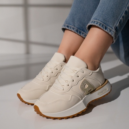 Adidasi dama, Pantofi sport dama cu siret si aplicatii cu pietre bej MOD11768, modlet.ro