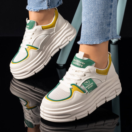 Pantofi sport dama cu siret si talpa groasa bej cu verde MOD09492, 3, modlet.ro