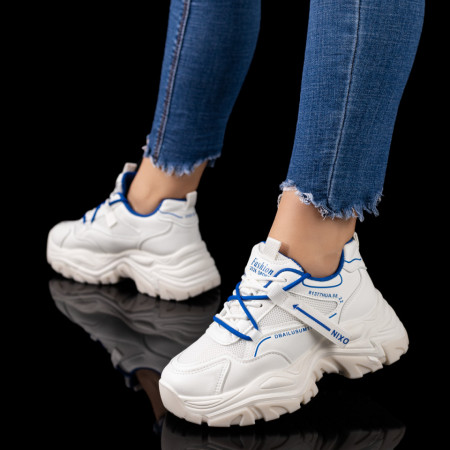 Adidasi dama, Pantofi sport dama cu talpa groasa albi cu albastru ZEF09623 - zeforia.ro