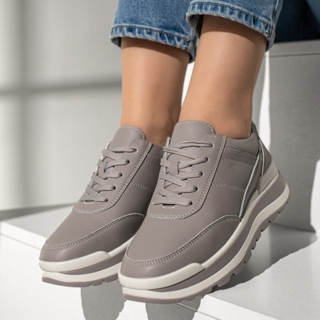 Adidasi dama, Pantofi sport dama cu talpa groasa gri din Piele naturala MOD12975, modlet.ro