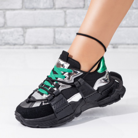 Pantofi sport dama cu talpa groasa negri cu argintiu si verde ZEF09410