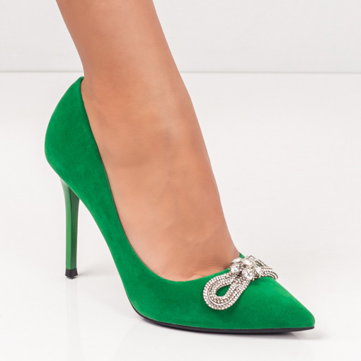 Pantofi Stiletto verzi suede dama cu toc si accesoriu cu pietre aplicate ZEF06157